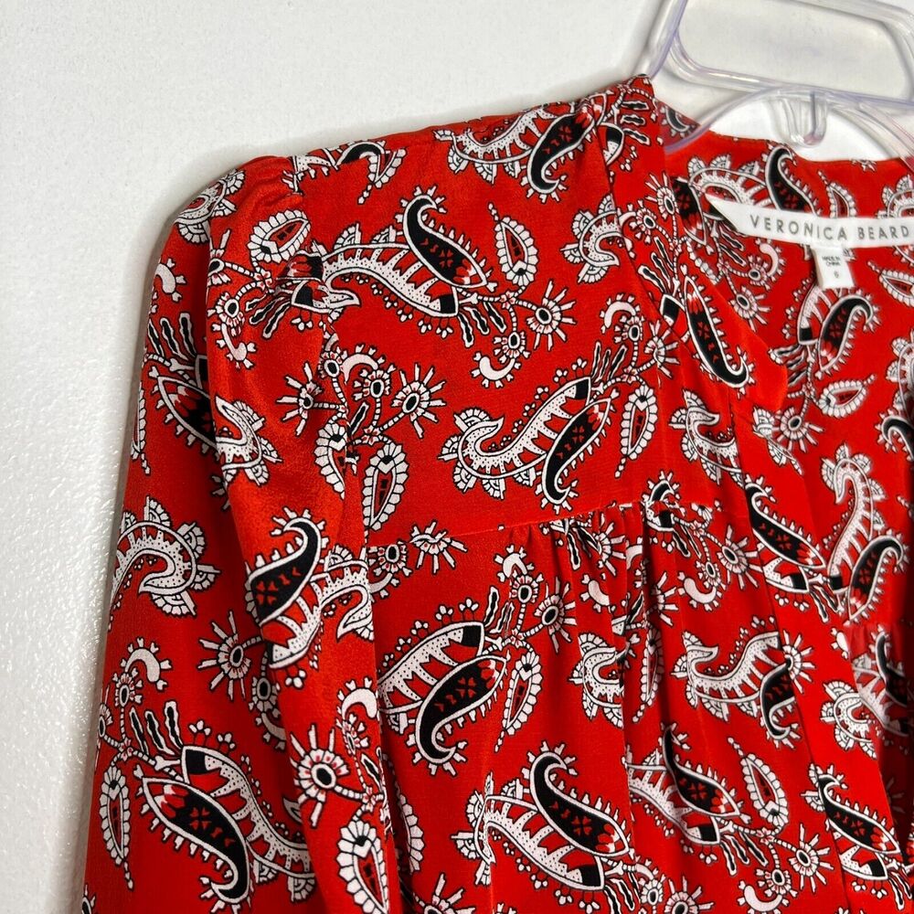 Veronica Beard Top Red Paisley Long Sleeve 100% Silk Blouse Women's Size 6